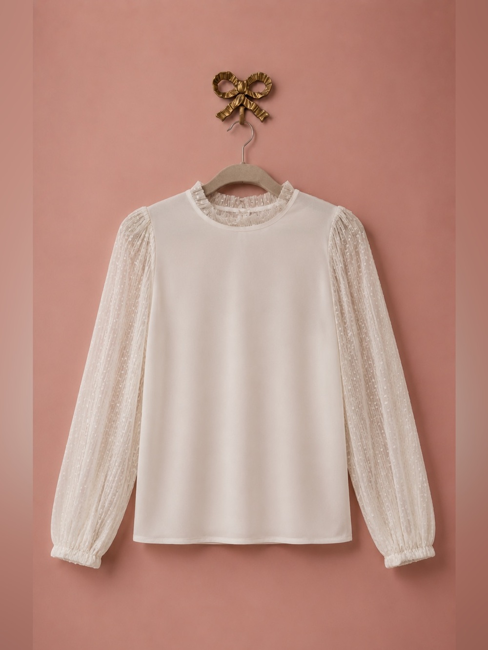 Riley & Rae Cream Puff-Sleeve Sheer Dot Blouse